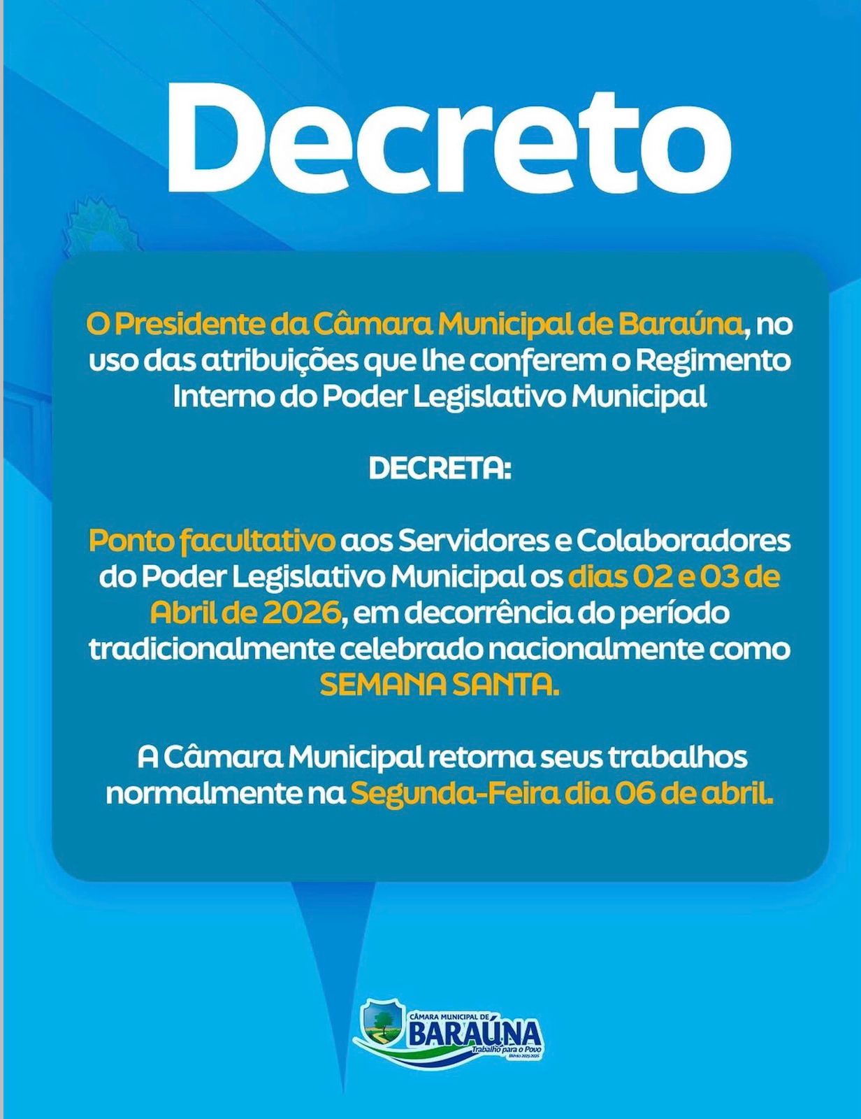 Câmara de Baraúna decreta ponto facultativo durante a Semana Santa