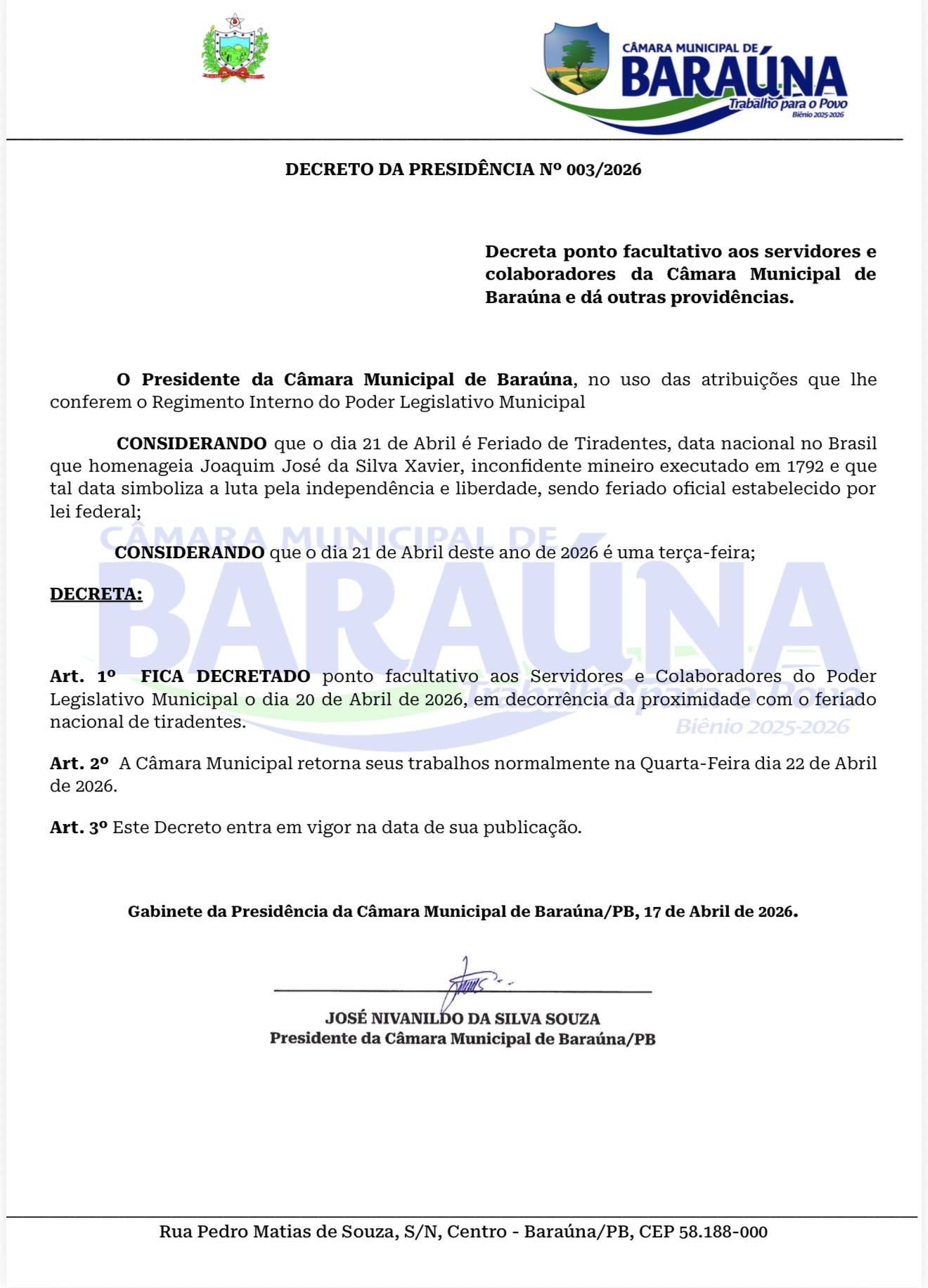 Câmara de Baraúna decreta ponto facultativo no dia 20 de abril