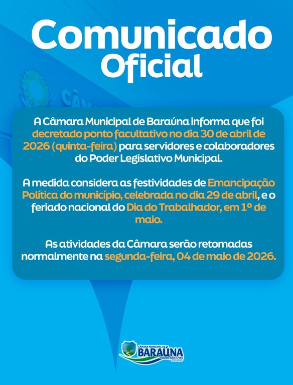 Câmara de Baraúna decreta ponto facultativo no dia 30 de abril