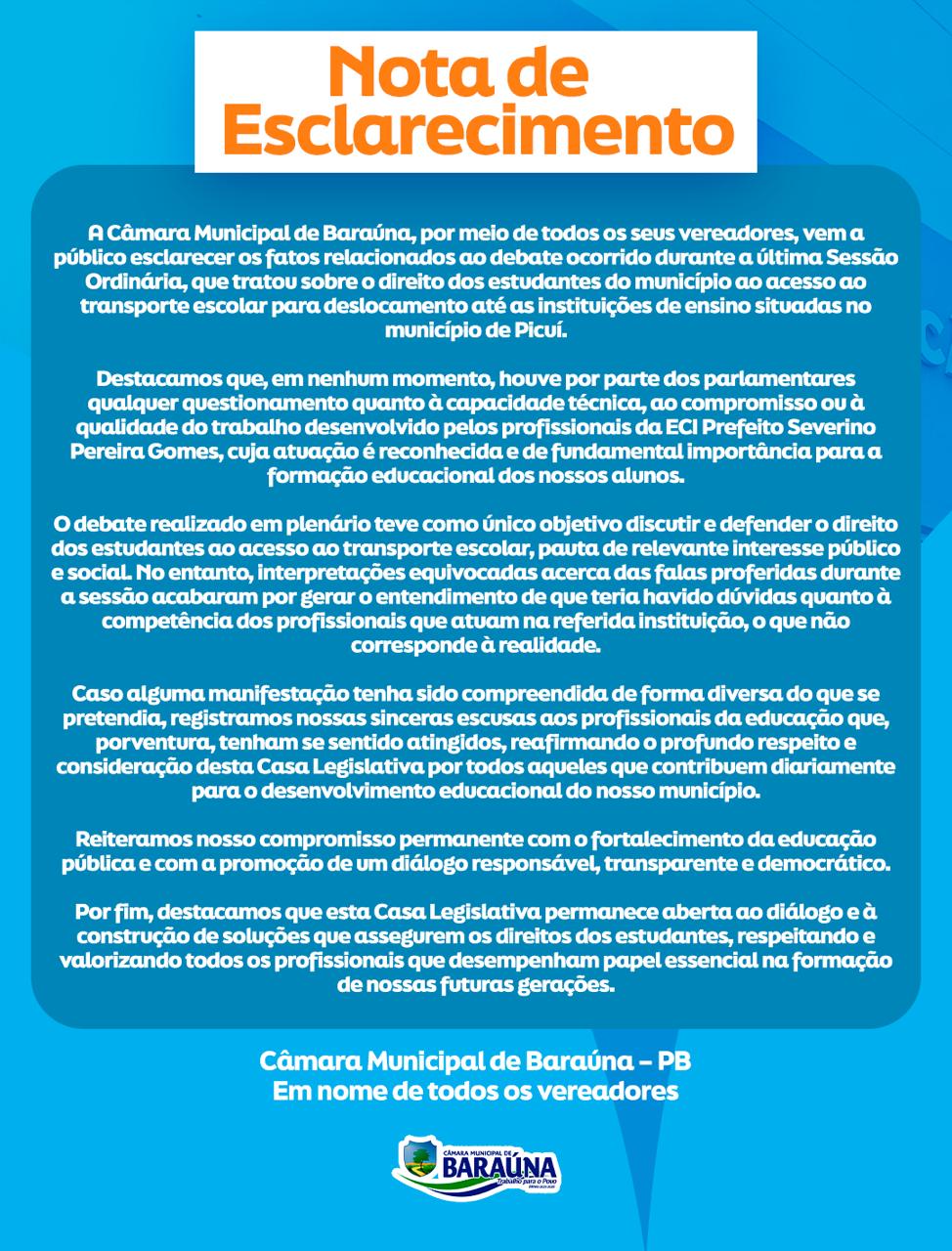 Câmara de Baraúna emite Nota de Esclarecimento sobre debate referente ao transporte escolar