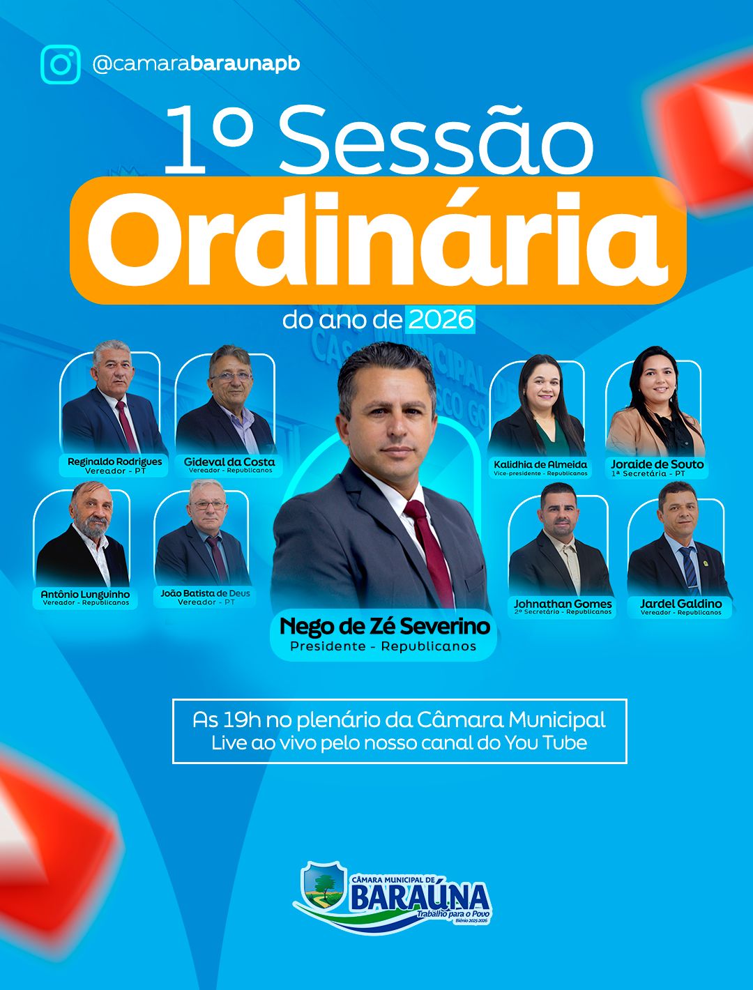 Câmara de Baraúna realiza primeira Reunião Ordinária de 2026 nesta terça-feira dia 23 de fevereiro.