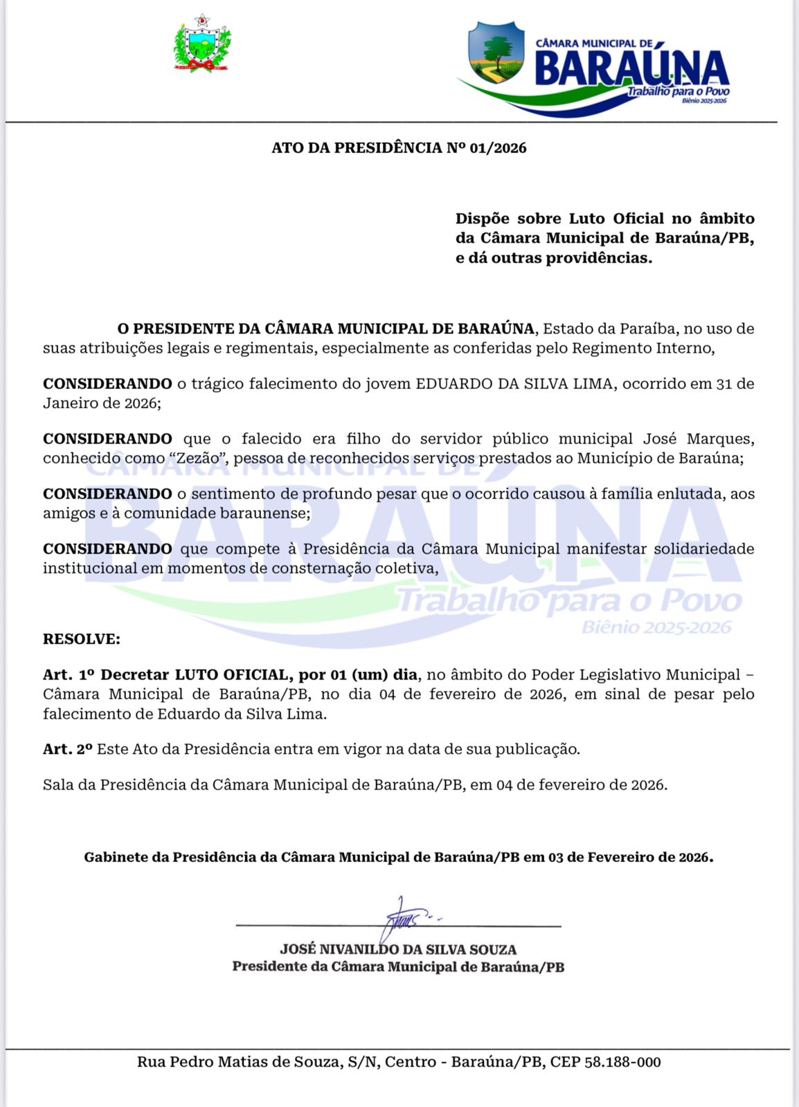 Câmara Municipal de Baraúna decreta Luto Oficial pelo falecimento de jovem do município.