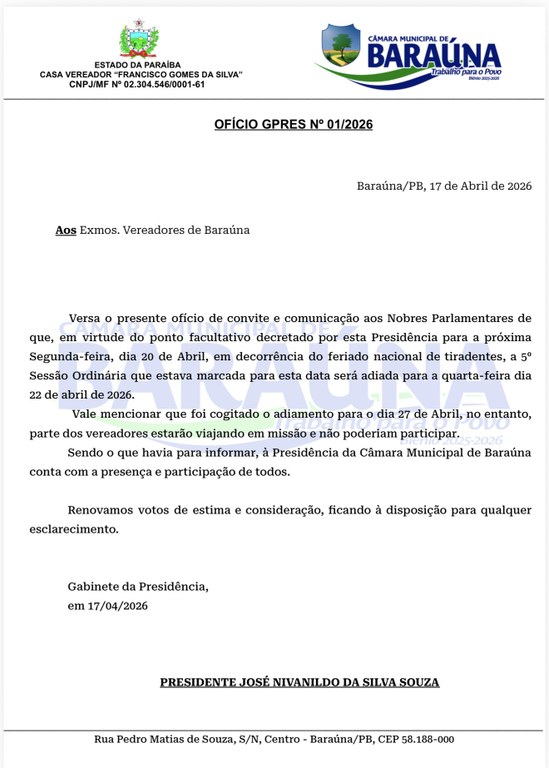 Sessão da Câmara de Baraúna é adiada para quarta-feira (22) após ponto facultativo