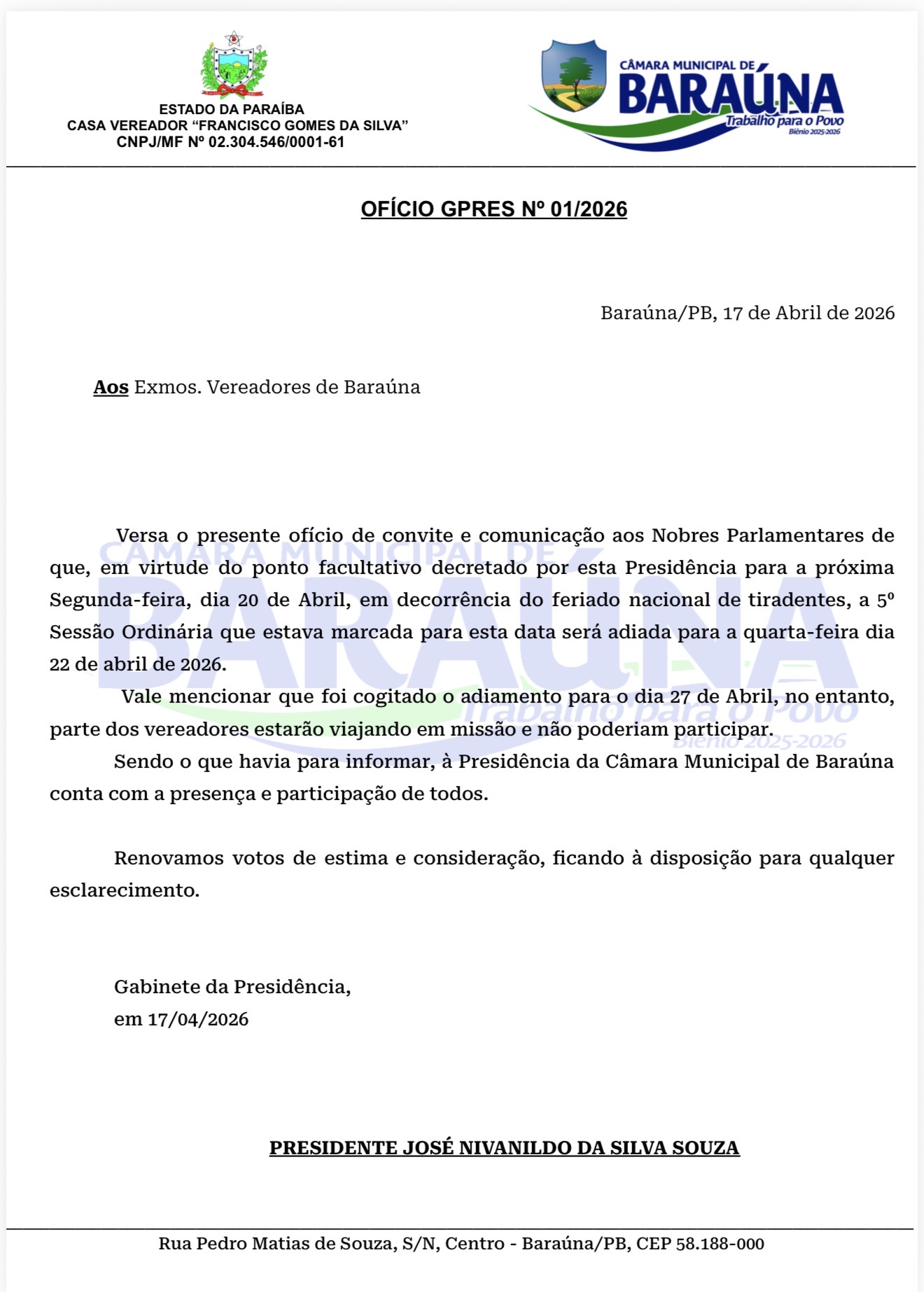 Sessão da Câmara de Baraúna é adiada para quarta-feira (22) após ponto facultativo