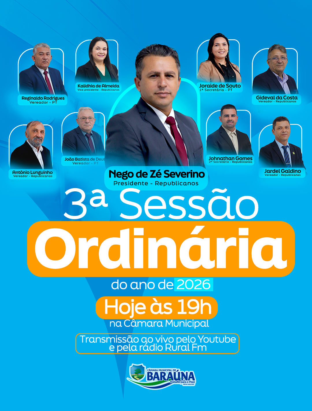 Terceira Sessão Ordinária acontece hoje na Câmara Municipal de Baraúna 